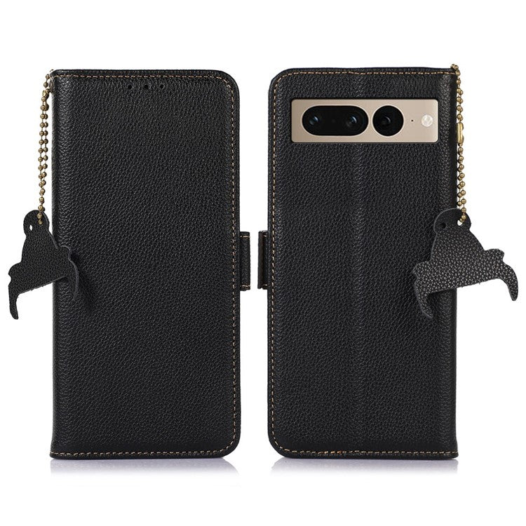 Genuine Leather Case for Google Pixel 7 Pro 5G, Shockproof Side Magnetic Closure Phone Case RFID Blocking Wallet Phone Cover with Stand - Black