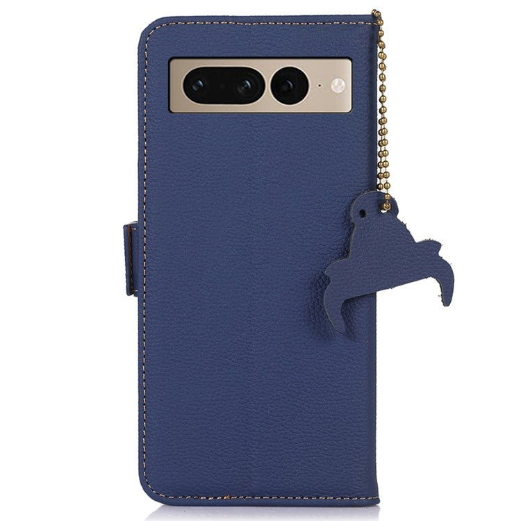 Genuine Leather Case for Google Pixel 7 Pro 5G, Shockproof Side Magnetic Closure Phone Case RFID Blocking Wallet Phone Cover with Stand - Sapphire