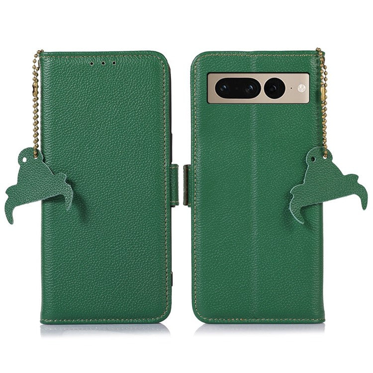Genuine Leather Case for Google Pixel 7 Pro 5G, Shockproof Side Magnetic Closure Phone Case RFID Blocking Wallet Phone Cover with Stand - Green