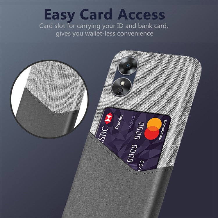 Phone Case for Oppo A17 4G / A17k 4G, Card Holder Design Anti-fall Cloth Texture Phone Case PU Leather Coated PC Cover - Grey