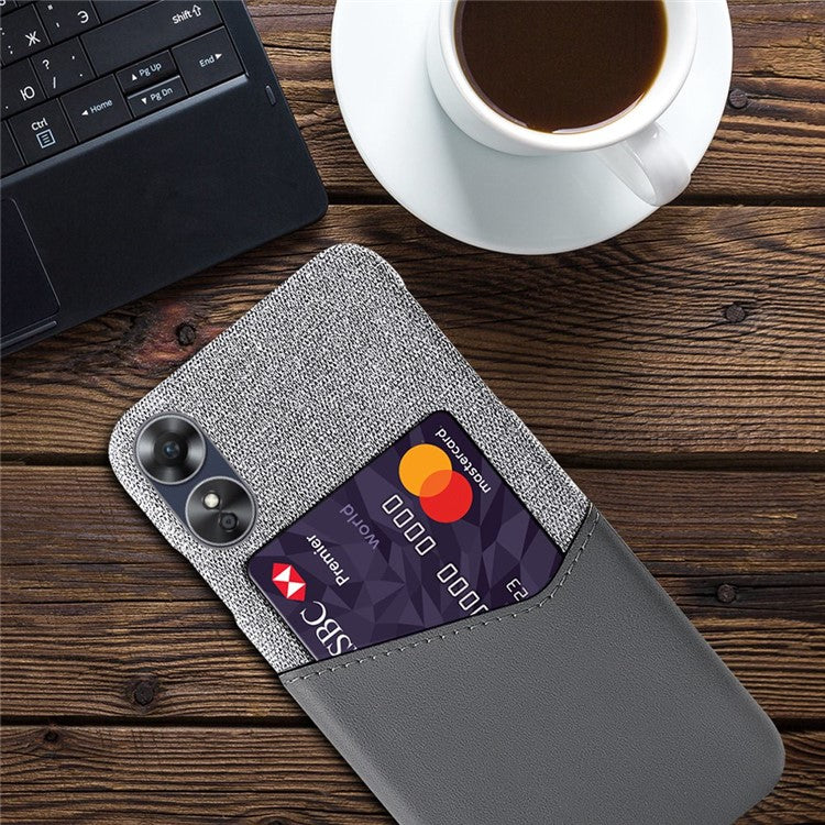 Phone Case for Oppo A17 4G / A17k 4G, Card Holder Design Anti-fall Cloth Texture Phone Case PU Leather Coated PC Cover - Grey