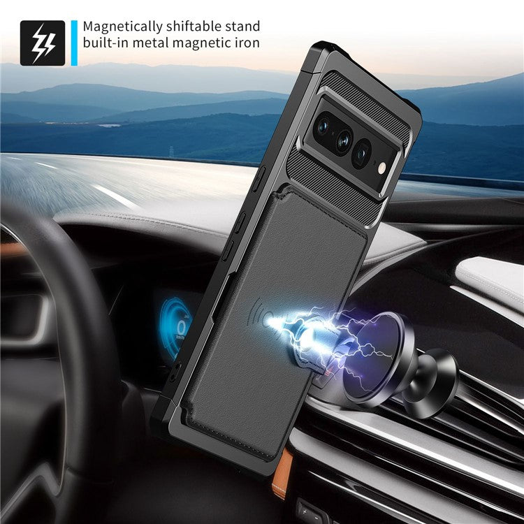 ZM03 for Google Pixel 7 Pro 5G Shockproof Phone Case Kickstand Card Holder Phone Back Cover with Magnetic Metal Sheet - Black