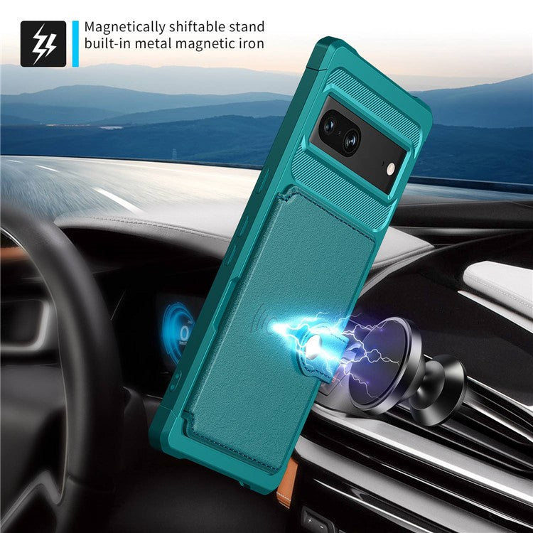 ZM03 for Google Pixel 7 5G Phone Case Kickstand Card Holder Anti-scratch Phone Back Cover with Magnetic Metal Sheet - Green