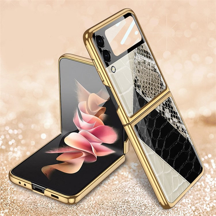 GKK For Samsung Galaxy Z Flip4 5G Pattern Printing Tempered Glass Back Shell Hard PC Electroplated Folding Phone Case with Small Tempered Glass Screen Film - Contrast Leather Texture 01