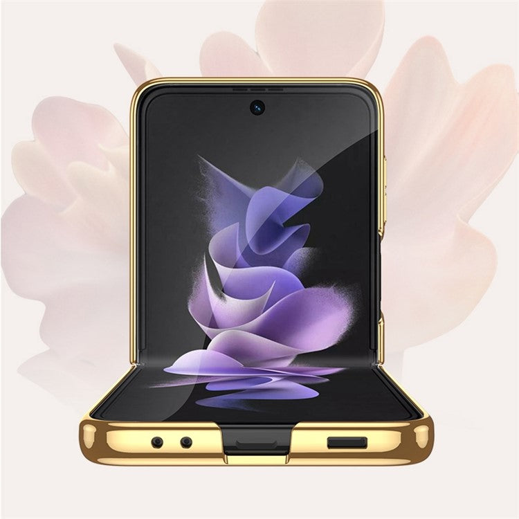 GKK For Samsung Galaxy Z Flip4 5G Pattern Printing Tempered Glass Back Shell Hard PC Electroplated Folding Phone Case with Small Tempered Glass Screen Film - Contrast Leather Texture 01