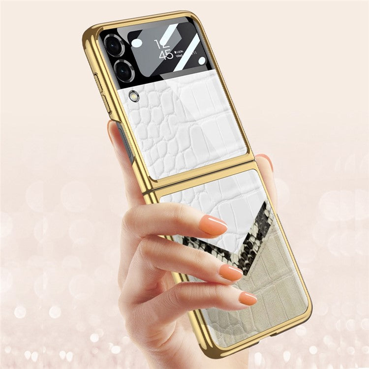 GKK For Samsung Galaxy Z Flip4 5G Pattern Printing Tempered Glass Back Shell Hard PC Electroplated Folding Phone Case with Small Tempered Glass Screen Film - Contrast Leather Texture 01