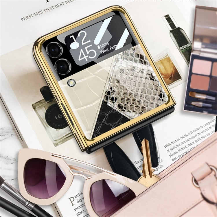 GKK For Samsung Galaxy Z Flip4 5G Pattern Printing Tempered Glass Back Shell Hard PC Electroplated Folding Phone Case with Small Tempered Glass Screen Film - Contrast Leather Texture 01