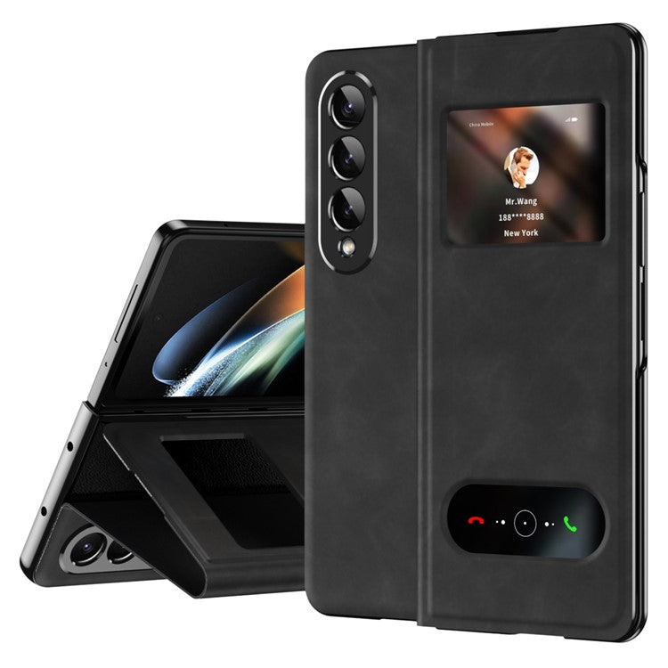 For Samsung Galaxy Z Fold3 5G Nappa Texture PU Leather + PC Phone Stand Case View Window Design Full Protection Cover - Black