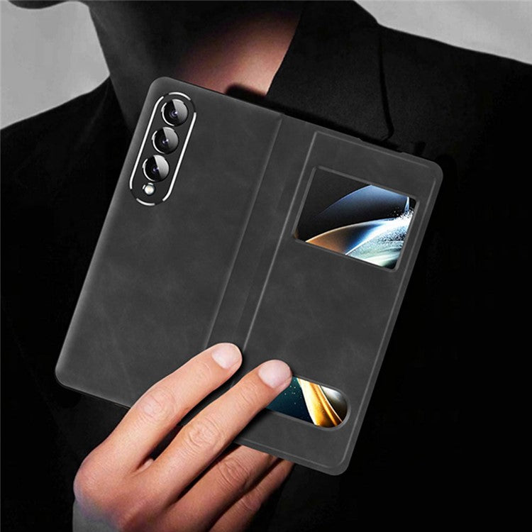 For Samsung Galaxy Z Fold3 5G Nappa Texture PU Leather + PC Phone Stand Case View Window Design Full Protection Cover - Black