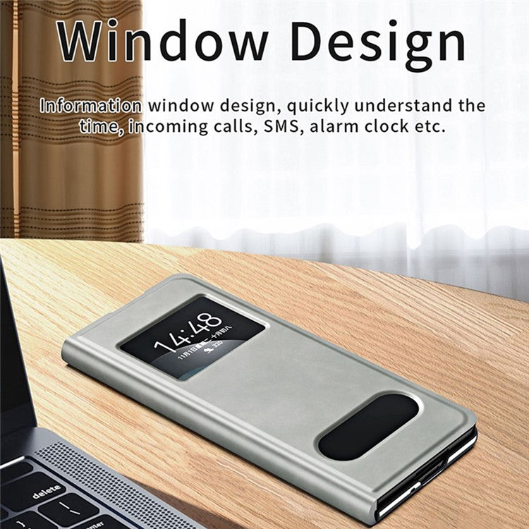 For Samsung Galaxy Z Fold3 5G Nappa Texture PU Leather + PC Phone Stand Case View Window Design Full Protection Cover - Black
