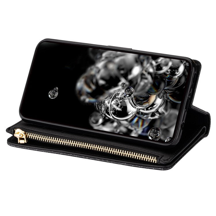 For Google Pixel 7 Pro 5G Zipper Wallet Stand PU Leather Phone Case Flip Laser Carving Glittery Starry Style Shockproof Phone Cover with Strap - Black