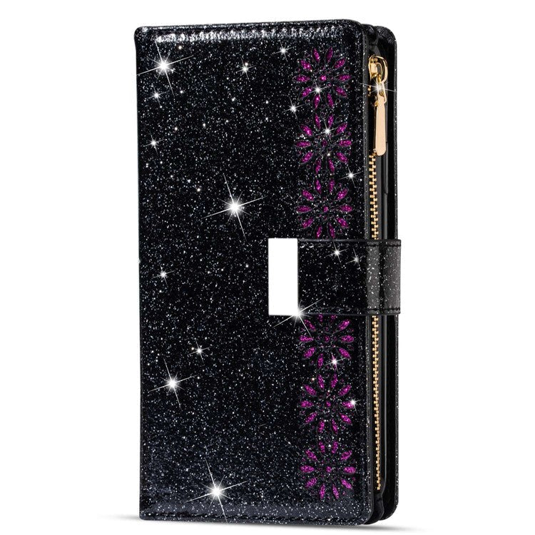 For Google Pixel 7 Pro 5G Zipper Wallet Stand PU Leather Phone Case Flip Laser Carving Glittery Starry Style Shockproof Phone Cover with Strap - Black