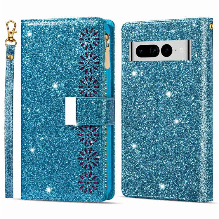 For Google Pixel 7 Pro 5G Zipper Wallet Stand PU Leather Phone Case Flip Laser Carving Glittery Starry Style Shockproof Phone Cover with Strap - Blue