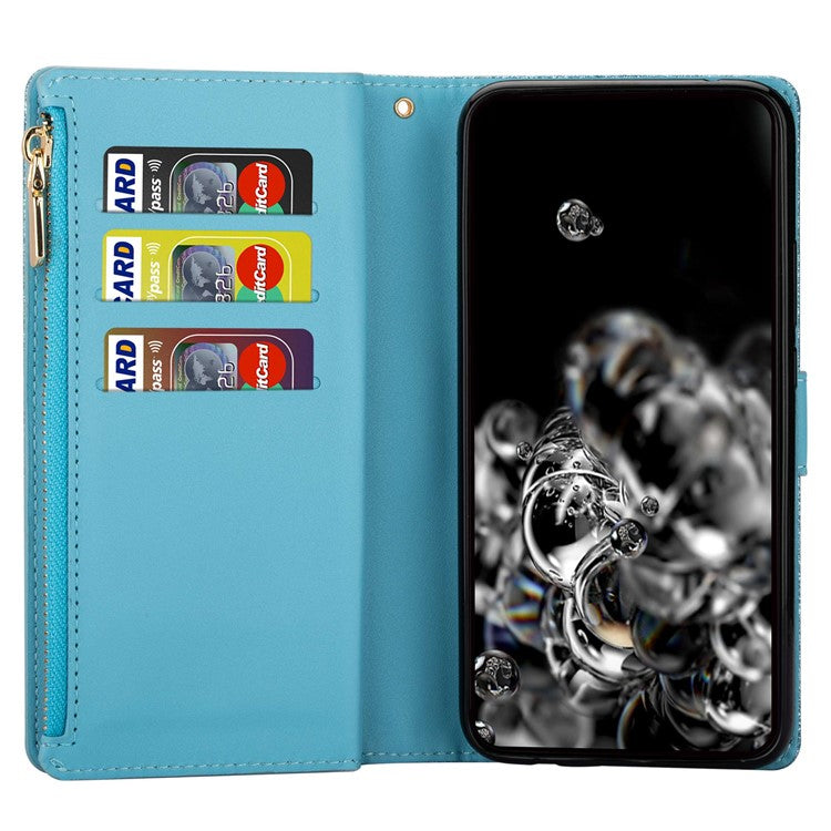 For Google Pixel 7 Pro 5G Zipper Wallet Stand PU Leather Phone Case Flip Laser Carving Glittery Starry Style Shockproof Phone Cover with Strap - Blue