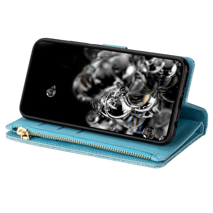 For Google Pixel 7 Pro 5G Zipper Wallet Stand PU Leather Phone Case Flip Laser Carving Glittery Starry Style Shockproof Phone Cover with Strap - Blue