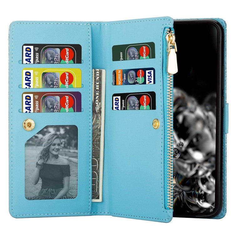 For Google Pixel 7 Pro 5G Zipper Wallet Stand PU Leather Phone Case Flip Laser Carving Glittery Starry Style Shockproof Phone Cover with Strap - Blue