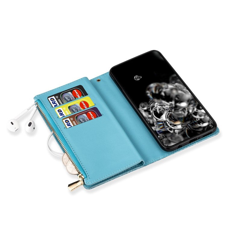 For Google Pixel 7 Pro 5G Zipper Wallet Stand PU Leather Phone Case Flip Laser Carving Glittery Starry Style Shockproof Phone Cover with Strap - Blue