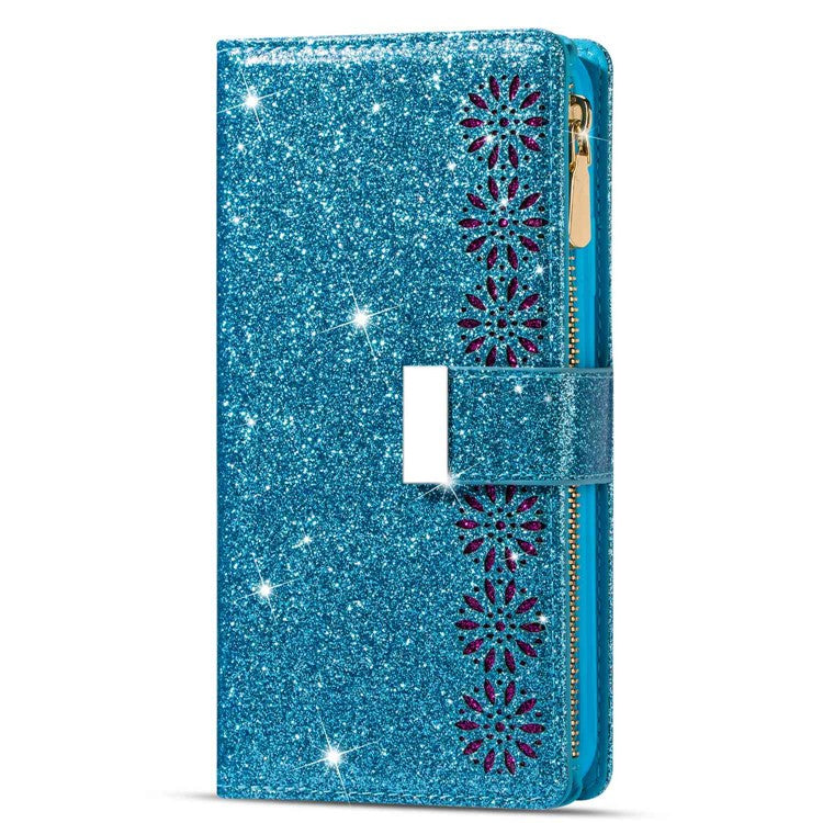For Google Pixel 7 Pro 5G Zipper Wallet Stand PU Leather Phone Case Flip Laser Carving Glittery Starry Style Shockproof Phone Cover with Strap - Blue