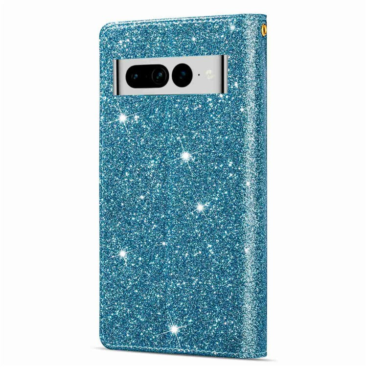 For Google Pixel 7 Pro 5G Zipper Wallet Stand PU Leather Phone Case Flip Laser Carving Glittery Starry Style Shockproof Phone Cover with Strap - Blue