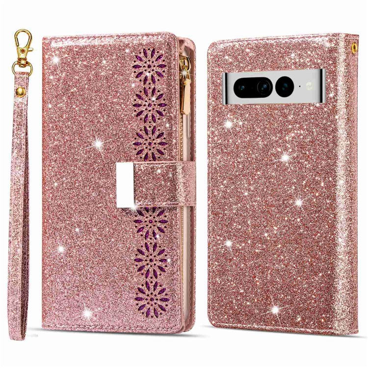 For Google Pixel 7 Pro 5G Zipper Wallet Stand PU Leather Phone Case Flip Laser Carving Glittery Starry Style Shockproof Phone Cover with Strap - Rose Gold