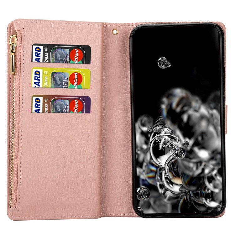 For Google Pixel 7 Pro 5G Zipper Wallet Stand PU Leather Phone Case Flip Laser Carving Glittery Starry Style Shockproof Phone Cover with Strap - Rose Gold