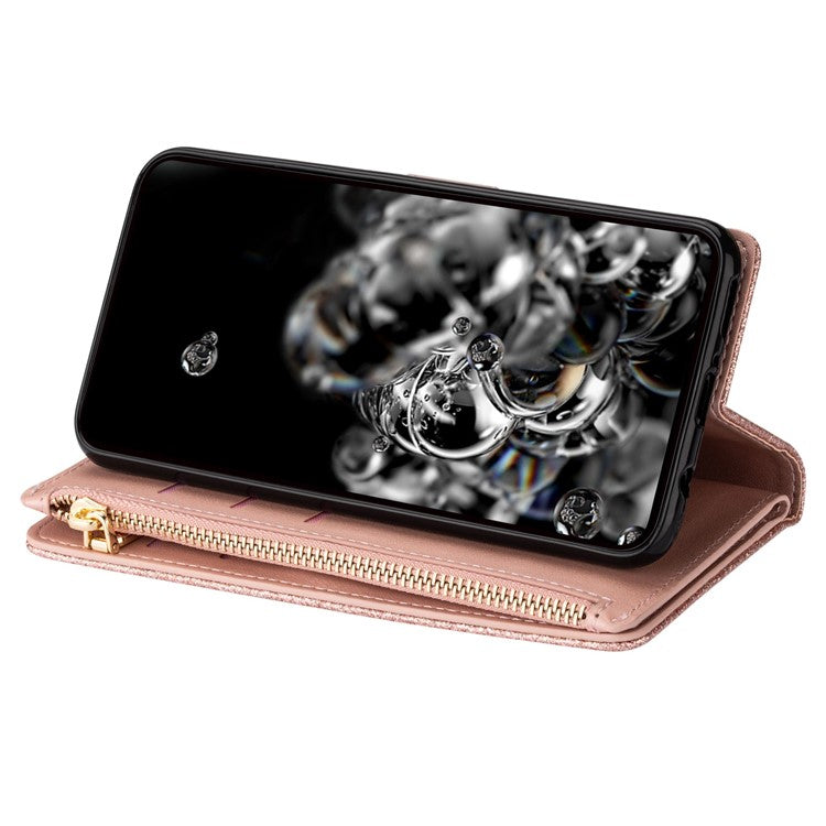 For Google Pixel 7 Pro 5G Zipper Wallet Stand PU Leather Phone Case Flip Laser Carving Glittery Starry Style Shockproof Phone Cover with Strap - Rose Gold