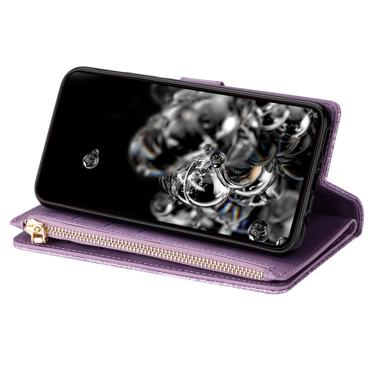 For Google Pixel 7 Pro 5G Zipper Wallet Stand PU Leather Phone Case Flip Laser Carving Glittery Starry Style Shockproof Phone Cover with Strap - Purple