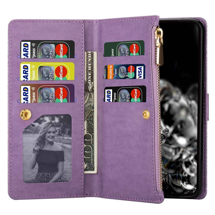 For Google Pixel 7 Pro 5G Zipper Wallet Stand PU Leather Phone Case Flip Laser Carving Glittery Starry Style Shockproof Phone Cover with Strap - Purple