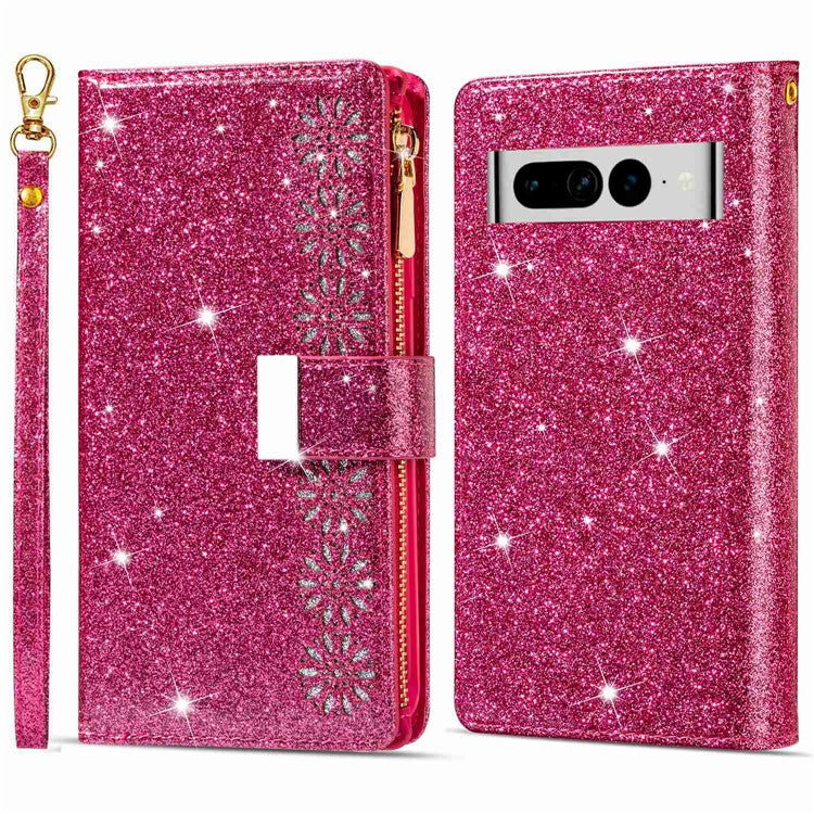 For Google Pixel 7 Pro 5G Zipper Wallet Stand PU Leather Phone Case Flip Laser Carving Glittery Starry Style Shockproof Phone Cover with Strap - Rose
