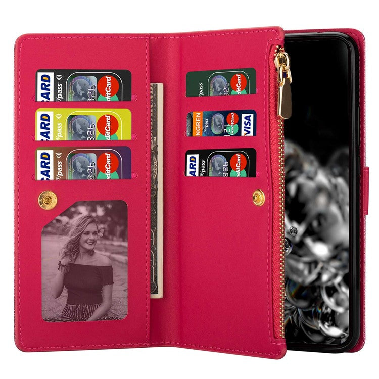 For Google Pixel 7 Pro 5G Zipper Wallet Stand PU Leather Phone Case Flip Laser Carving Glittery Starry Style Shockproof Phone Cover with Strap - Rose