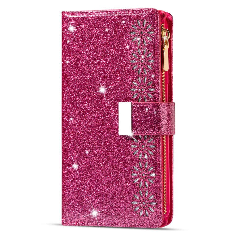 For Google Pixel 7 Pro 5G Zipper Wallet Stand PU Leather Phone Case Flip Laser Carving Glittery Starry Style Shockproof Phone Cover with Strap - Rose