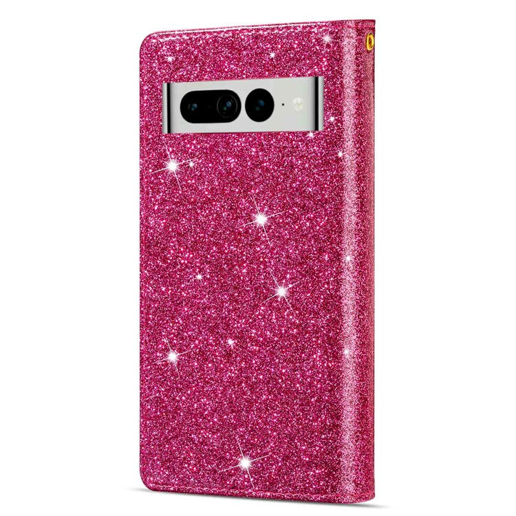 For Google Pixel 7 Pro 5G Zipper Wallet Stand PU Leather Phone Case Flip Laser Carving Glittery Starry Style Shockproof Phone Cover with Strap - Rose