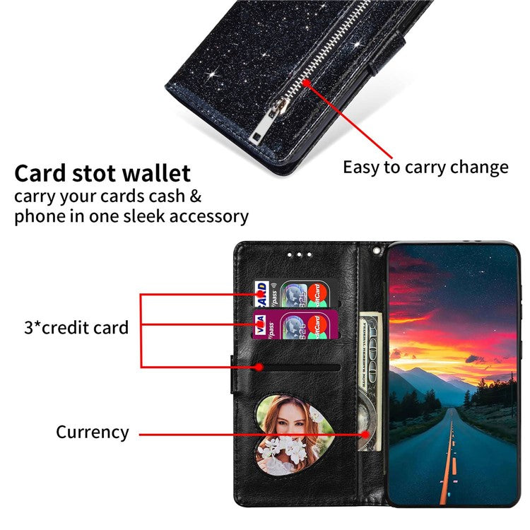 For Google Pixel 7 Pro 5G Zipper Pocket Glittery PU Leather Protective Case Magnetic Clasp Anti-fall Phone Wallet Stand Cover - Black