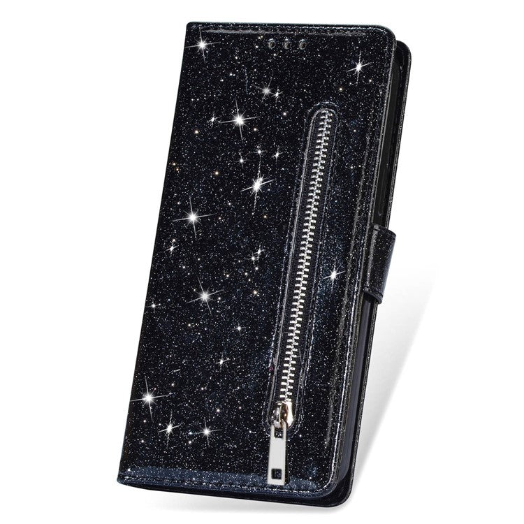 For Google Pixel 7 Pro 5G Zipper Pocket Glittery PU Leather Protective Case Magnetic Clasp Anti-fall Phone Wallet Stand Cover - Black