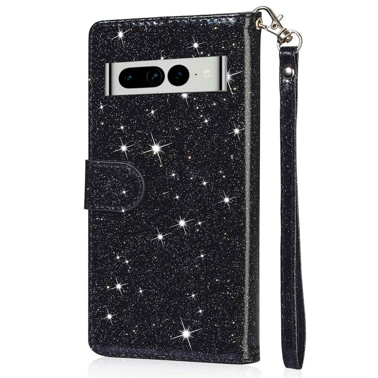 For Google Pixel 7 Pro 5G Zipper Pocket Glittery PU Leather Protective Case Magnetic Clasp Anti-fall Phone Wallet Stand Cover - Black