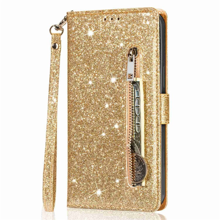For Google Pixel 7 Pro 5G Zipper Pocket Glittery PU Leather Protective Case Magnetic Clasp Anti-fall Phone Wallet Stand Cover - Gold