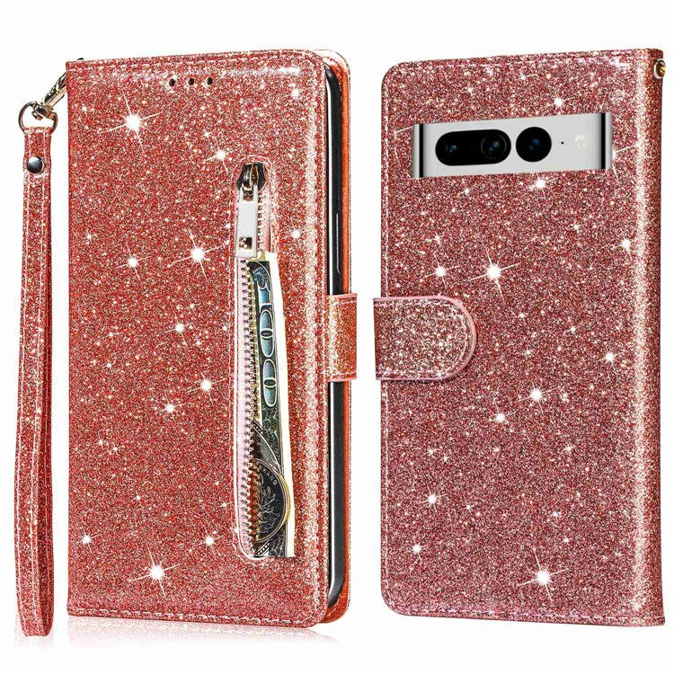 For Google Pixel 7 Pro 5G Zipper Pocket Glittery PU Leather Protective Case Magnetic Clasp Anti-fall Phone Wallet Stand Cover - Rose Gold