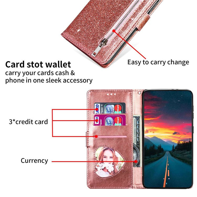 For Google Pixel 7 Pro 5G Zipper Pocket Glittery PU Leather Protective Case Magnetic Clasp Anti-fall Phone Wallet Stand Cover - Rose Gold