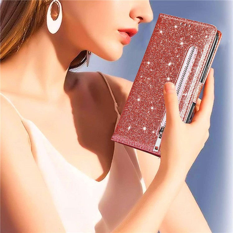 For Google Pixel 7 Pro 5G Zipper Pocket Glittery PU Leather Protective Case Magnetic Clasp Anti-fall Phone Wallet Stand Cover - Rose Gold
