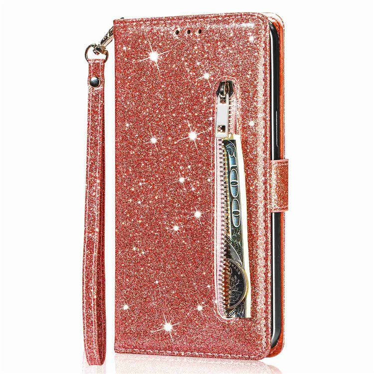For Google Pixel 7 Pro 5G Zipper Pocket Glittery PU Leather Protective Case Magnetic Clasp Anti-fall Phone Wallet Stand Cover - Rose Gold