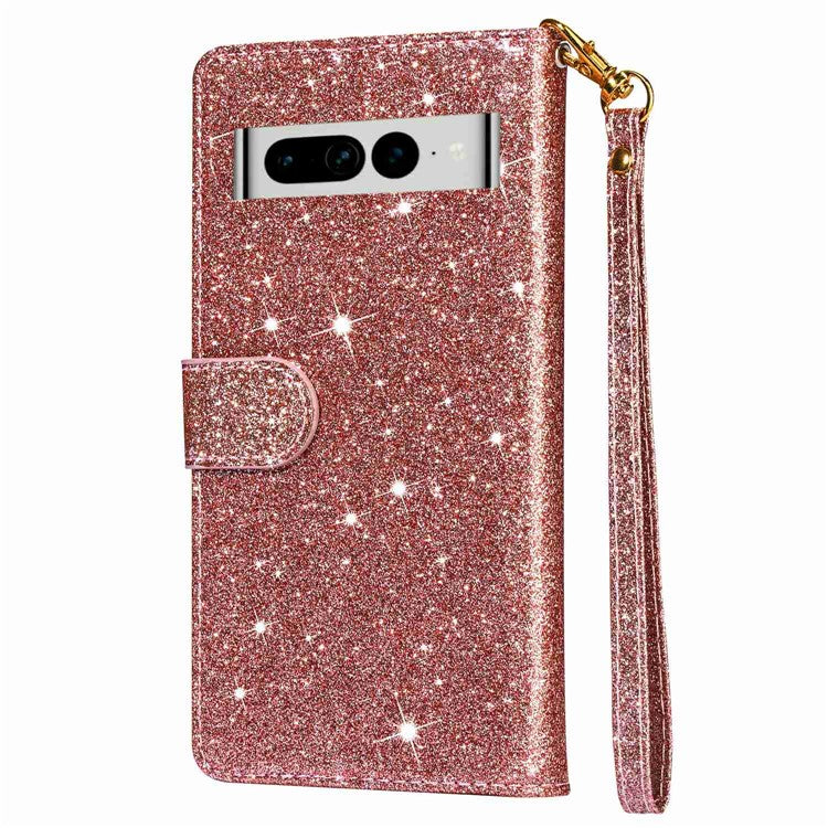 For Google Pixel 7 Pro 5G Zipper Pocket Glittery PU Leather Protective Case Magnetic Clasp Anti-fall Phone Wallet Stand Cover - Rose Gold