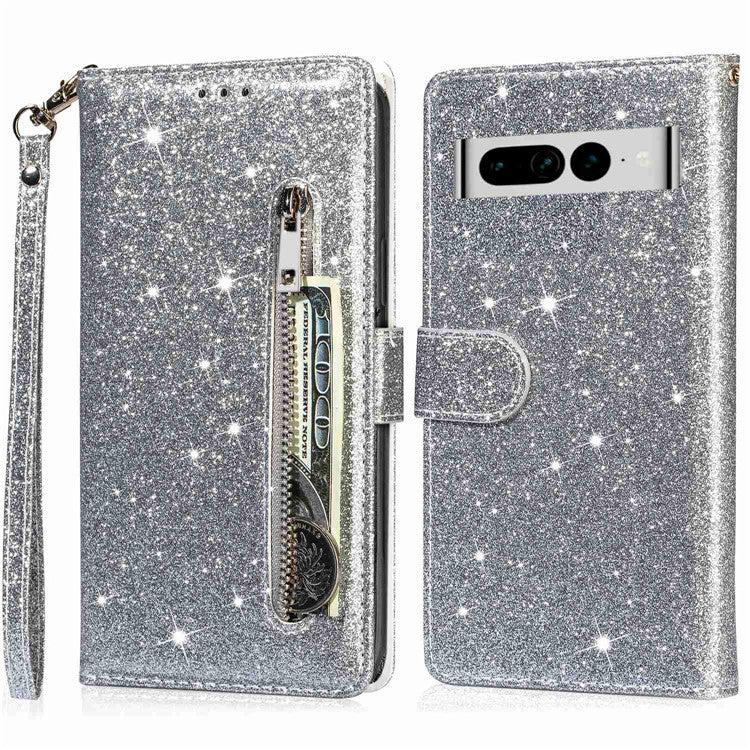 For Google Pixel 7 Pro 5G Zipper Pocket Glittery PU Leather Protective Case Magnetic Clasp Anti-fall Phone Wallet Stand Cover - Silver