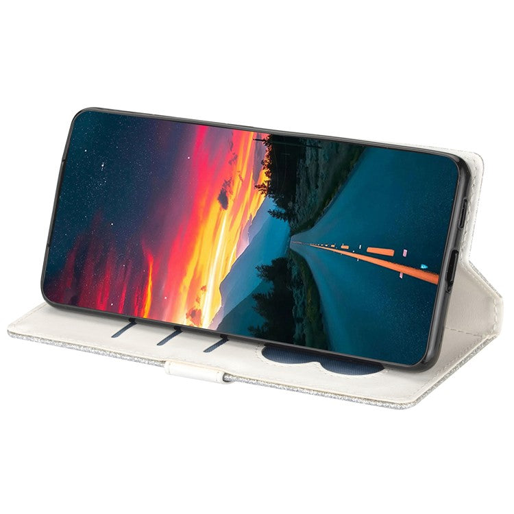 For Google Pixel 7 Pro 5G Zipper Pocket Glittery PU Leather Protective Case Magnetic Clasp Anti-fall Phone Wallet Stand Cover - Silver