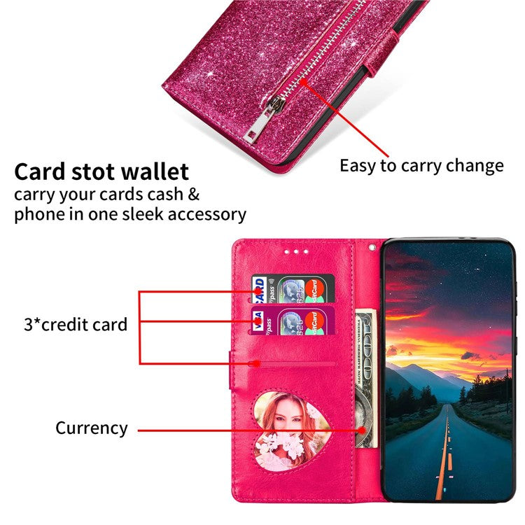 For Google Pixel 7 Pro 5G Zipper Pocket Glittery PU Leather Protective Case Magnetic Clasp Anti-fall Phone Wallet Stand Cover - Rose