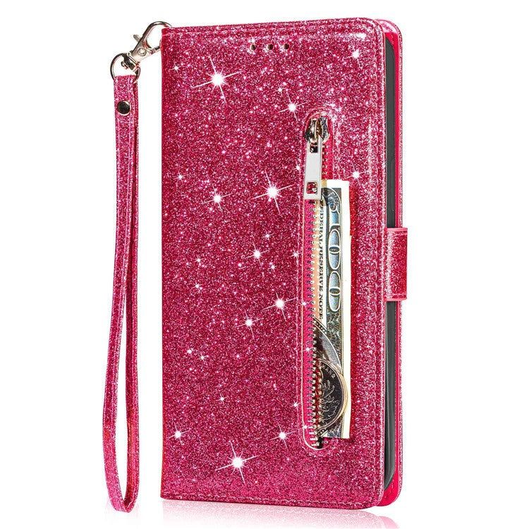 For Google Pixel 7 Pro 5G Zipper Pocket Glittery PU Leather Protective Case Magnetic Clasp Anti-fall Phone Wallet Stand Cover - Rose