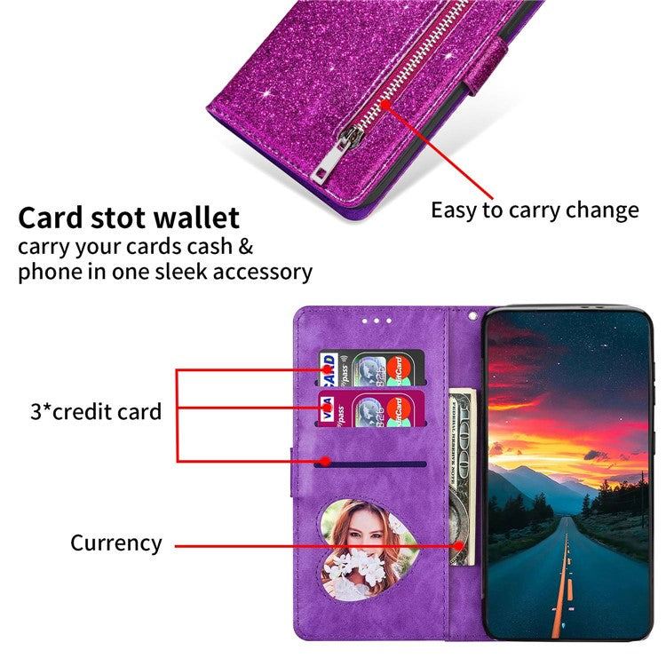 For Google Pixel 7 Pro 5G Zipper Pocket Glittery PU Leather Protective Case Magnetic Clasp Anti-fall Phone Wallet Stand Cover - Purple