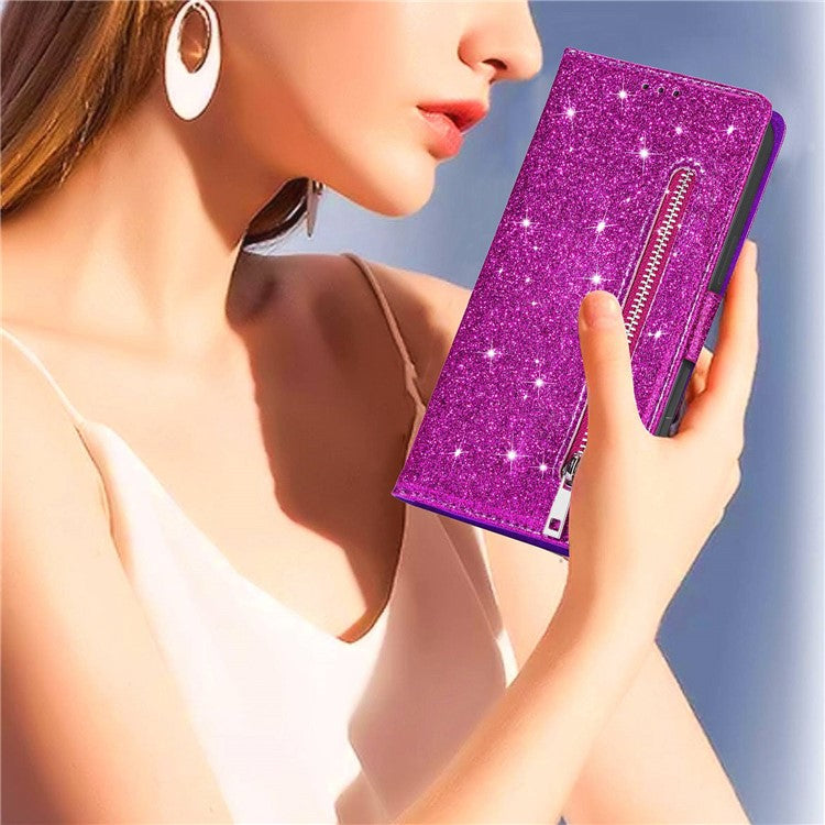 For Google Pixel 7 Pro 5G Zipper Pocket Glittery PU Leather Protective Case Magnetic Clasp Anti-fall Phone Wallet Stand Cover - Purple