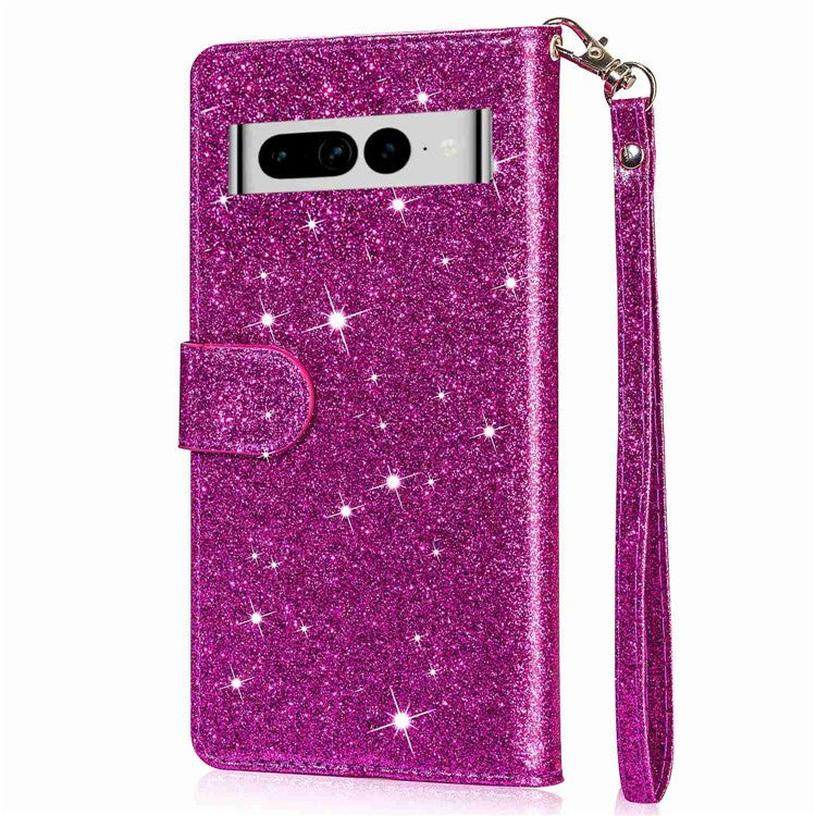 For Google Pixel 7 Pro 5G Zipper Pocket Glittery PU Leather Protective Case Magnetic Clasp Anti-fall Phone Wallet Stand Cover - Purple