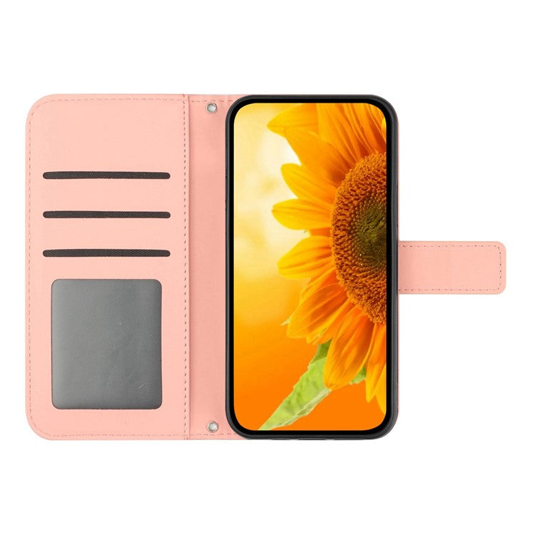 For Samsung Galaxy A54 5G HT04 Sunflower Imprinted PU Leather Wallet Case Stand Function Flip Skin-touch Protective Phone Cover with Shoulder Strap - Pink