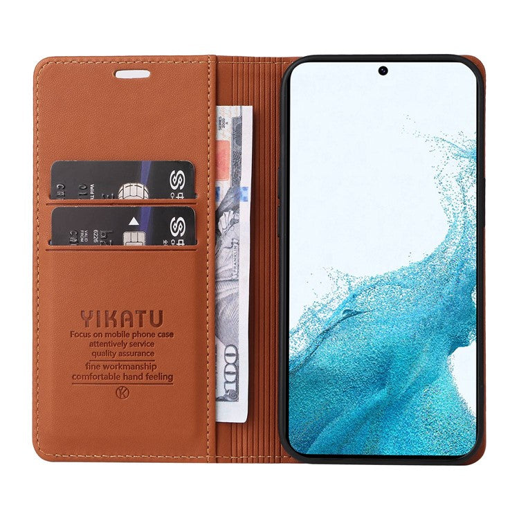 YIKATU YK-001 For Samsung Galaxy S23+ Magnetic Auto Closing PU Leather Shockproof Wallet Case Foldable Stand Protective Cover - Brown